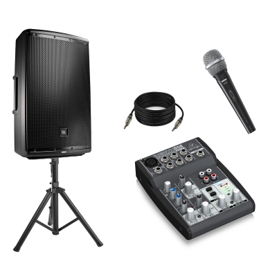 Caixa JBL Eon 615 + Microfone Sure SV100 + mesa behringer 502 + cabo