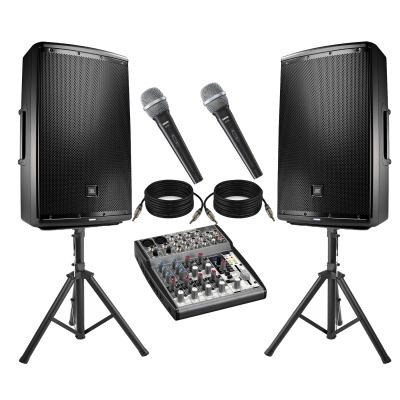 Caixas JBL Eon 615 + Microfones Sure SV100 + mesa behringer 1002 + cabos