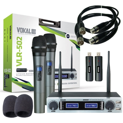 Microfone Sem Fio Vokal Vlr 502 Duplo UHF + Baterias Lithium + Espuma + Cabo XLR x XLR