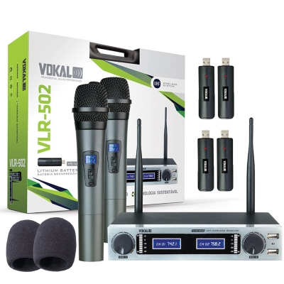 Microfone Sem Fio Vokal Vlr 502 Duplo UHF + 1 Par Baterias Lithium + Espuma